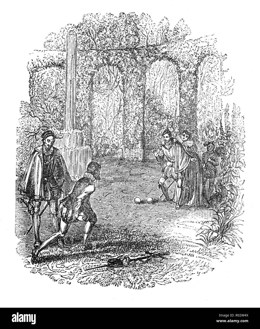 Bowling Termine zurück mindestens auf das 13. Jahrhundert und Bowling Greens wurden oft als Teil einer Fincas Gärten der Zeit gefunden. Die kleine Kugel, genannt Jack, bei dem die Spieler das Ziel, manchmal war der 'Mistress bezeichnet. "Eine Schüssel, dass die Buchse oder Herrin Küsse, ist in die günstigste Position; daher "an die -Buchse an Kiss' serviert eine große Vorteil zu bezeichnen. Die Blende auf der einen Seite, die die Vorspannung oder das Gewicht, die Steigungen die Schüssel in Laufen von einem direkten Kurs, wird manchmal das Auge aufgerufen wird. Stockfoto