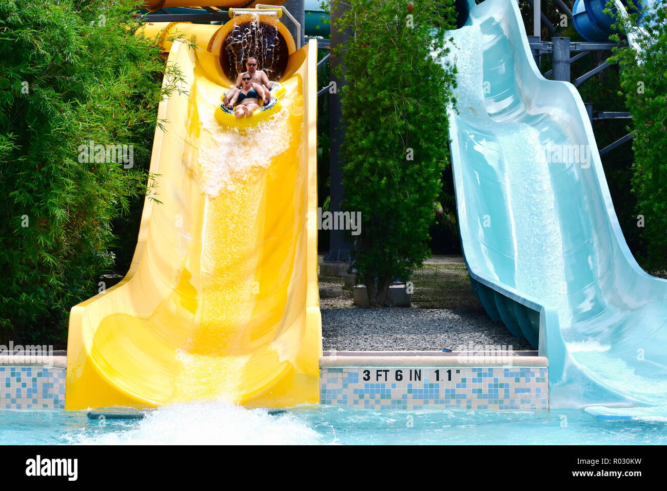 Orlando, Florida. Oktober 26, 2018. Nette Leute, Spaß Folie wasser Fahrt am Wasserpark in International Drive. Stockfoto