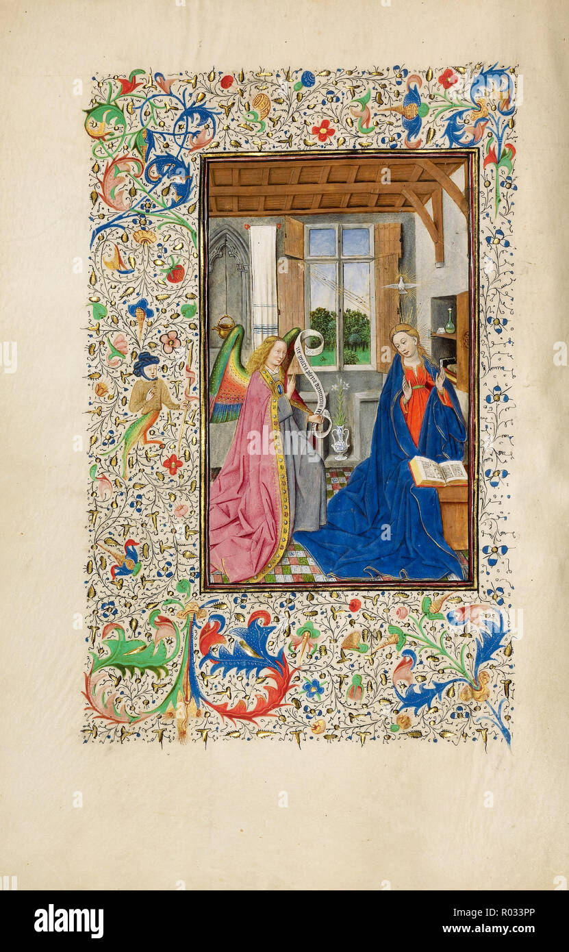 Meister der Llangattock Stunden, Verkündigung, ca. 1450 Tempera Farben, Blattgold, Gold Farbe und Tusche auf Pergament, die J. Paul Getty Museum, Los Angeles, USA. Stockfoto