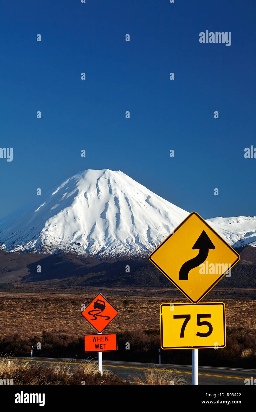 Verkehrszeichen auf Wüste Straße und Mt Ngauruhoe, Tongariro National Park, Central Plateau, North Island, Neuseeland Stockfoto