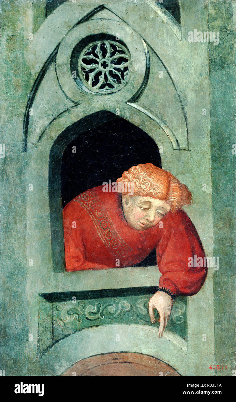 Lluis Borrassa, junger Mann lehnte sich aus dem Fenster, ca. 1400-1415, Tempera auf Holz, Museu Nacional d'Art de Catalunya, Barcelona, Spanien. Stockfoto
