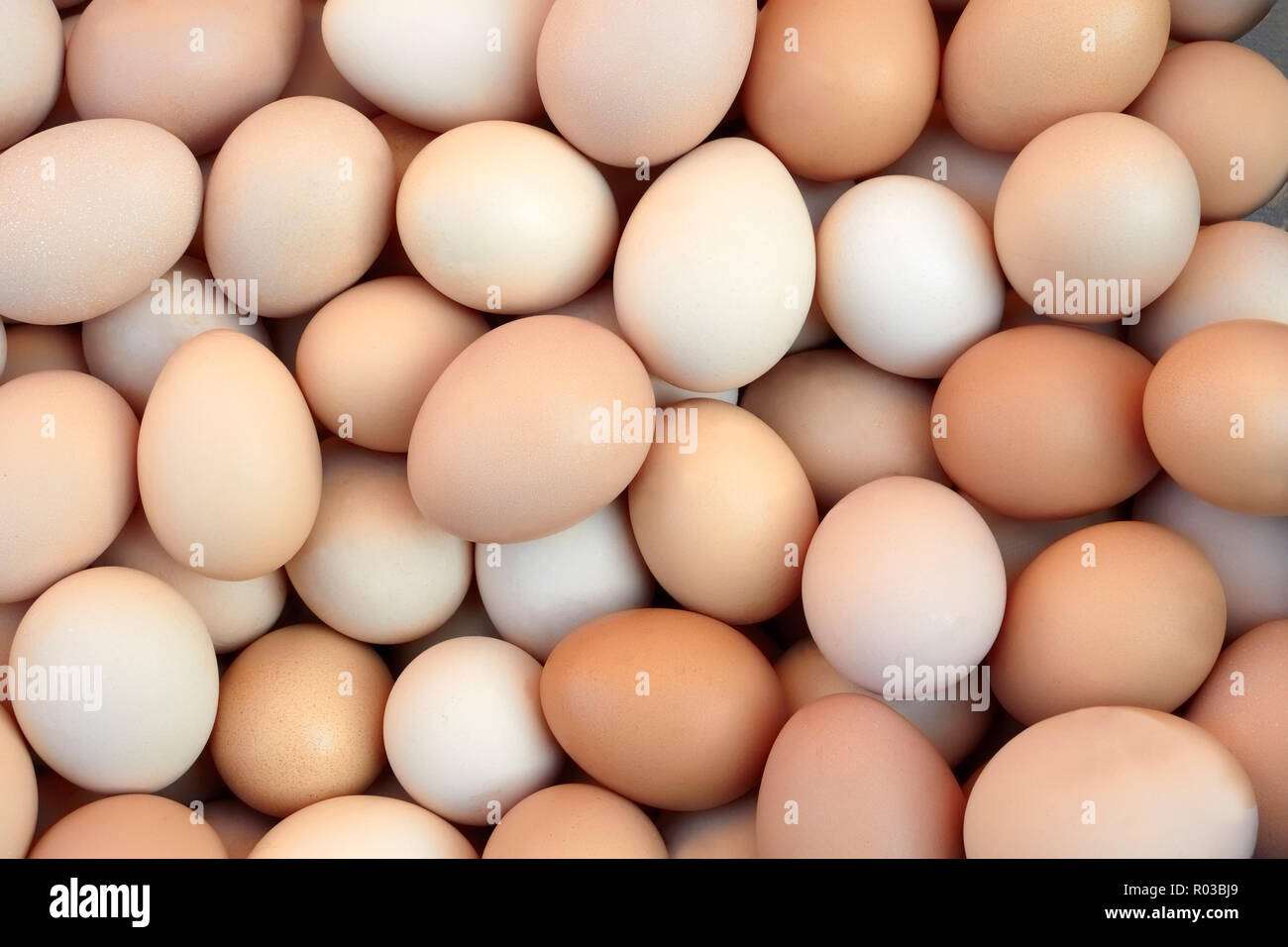 Eine Menge zufällig gestapelt huhn eier Stockfoto