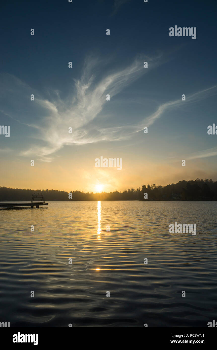 Schönen Sonnenaufgang im Herbst morgen in Katrineholm, Schweden Skandinavien. See, Wald und schönen Himmel. Ruhige, friedliche und freudige Hintergrundbild. Stockfoto