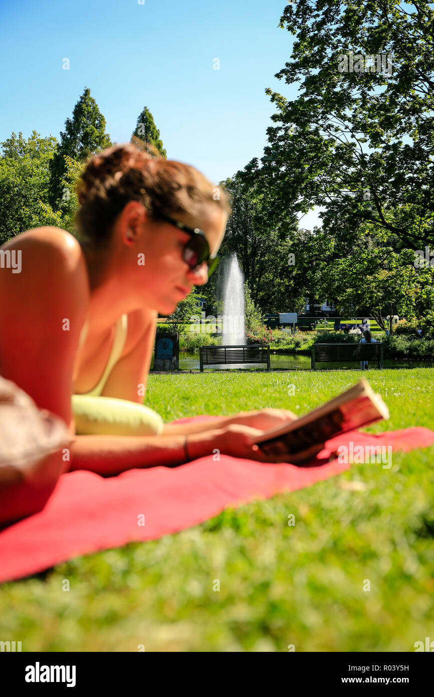 Essen, Deutschland, Ruhrgebiet, City Garden, junge Frau liegt auf der Wiese und liest in einem Buch Stockfoto