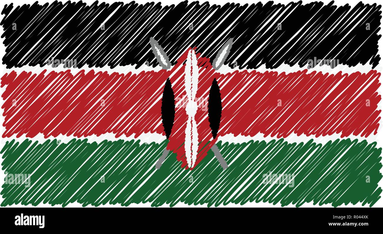 Hand gezeichnet Nationalflagge von Kenia isoliert auf einem weißen Hintergrund. Vektor Skizze Stil Abbildung. Stock Vektor