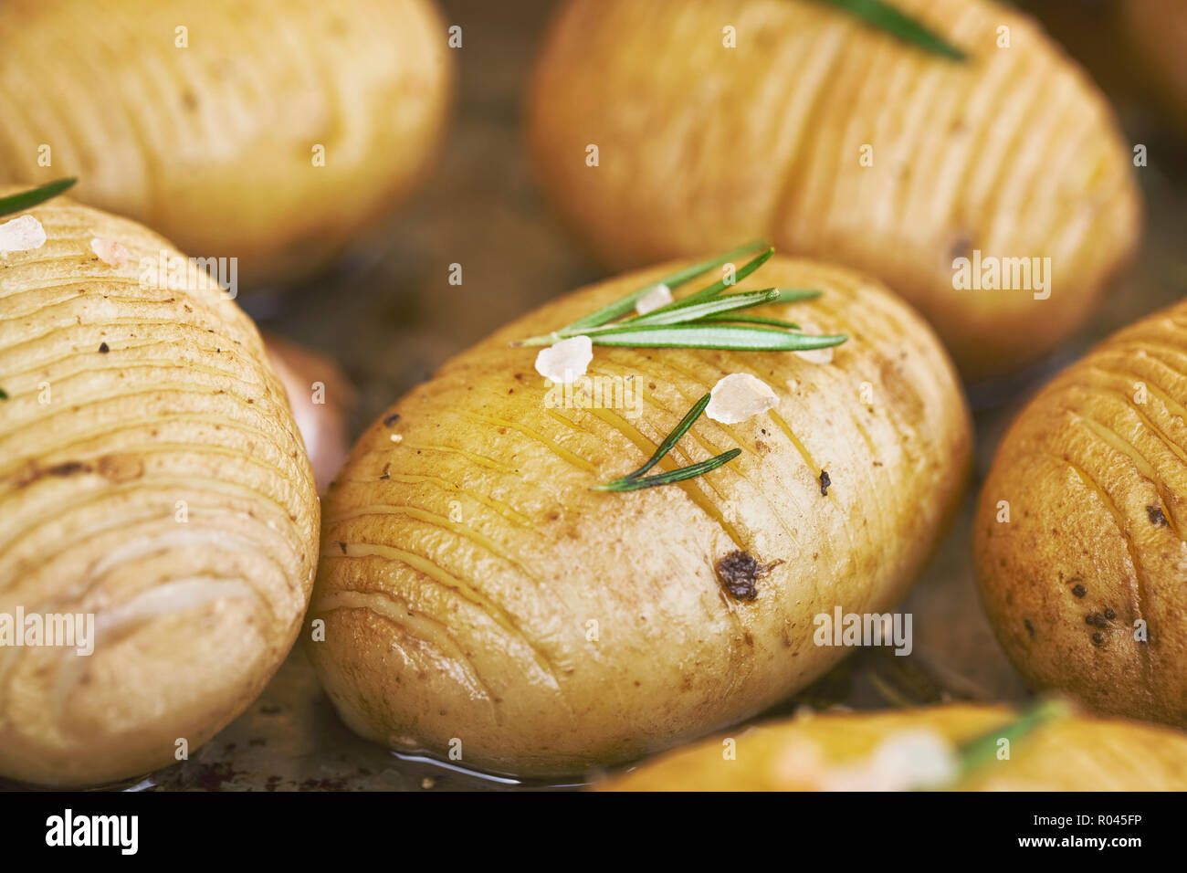 Hausgemachte cheesy Hasselback Kartoffeln. Vegetarische Kost Stockfoto