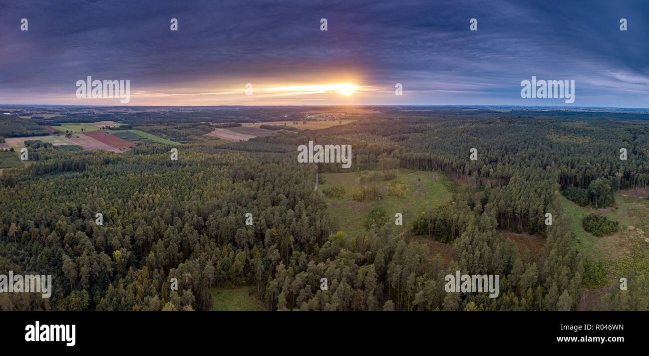 Schönen Sonnenuntergang mit seltsamen Wolken über den Wald. Drone Landschaft. Stockfoto