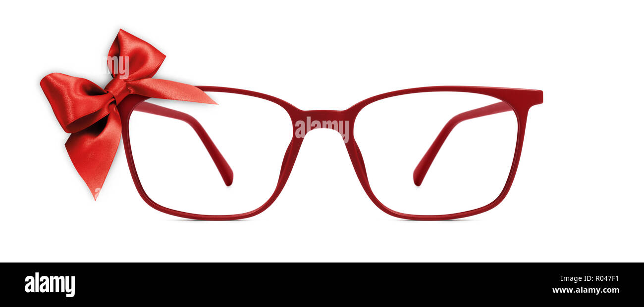 Weihnachten Brillen Geschenk Karte, rote Brille und rote Schleife, auf  weißem Hintergrund Stockfotografie - Alamy
