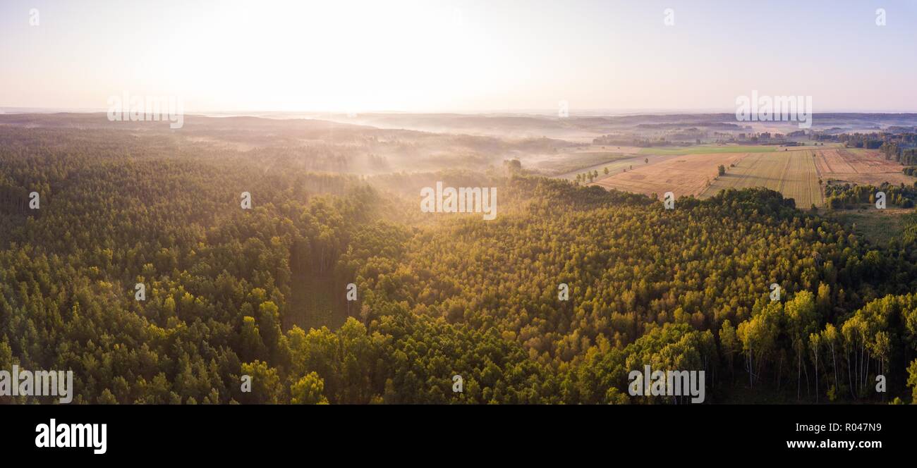 Schön neblig polnischen Landschaft von drone fotografiert. Drone Ansicht Landschaft Stockfoto