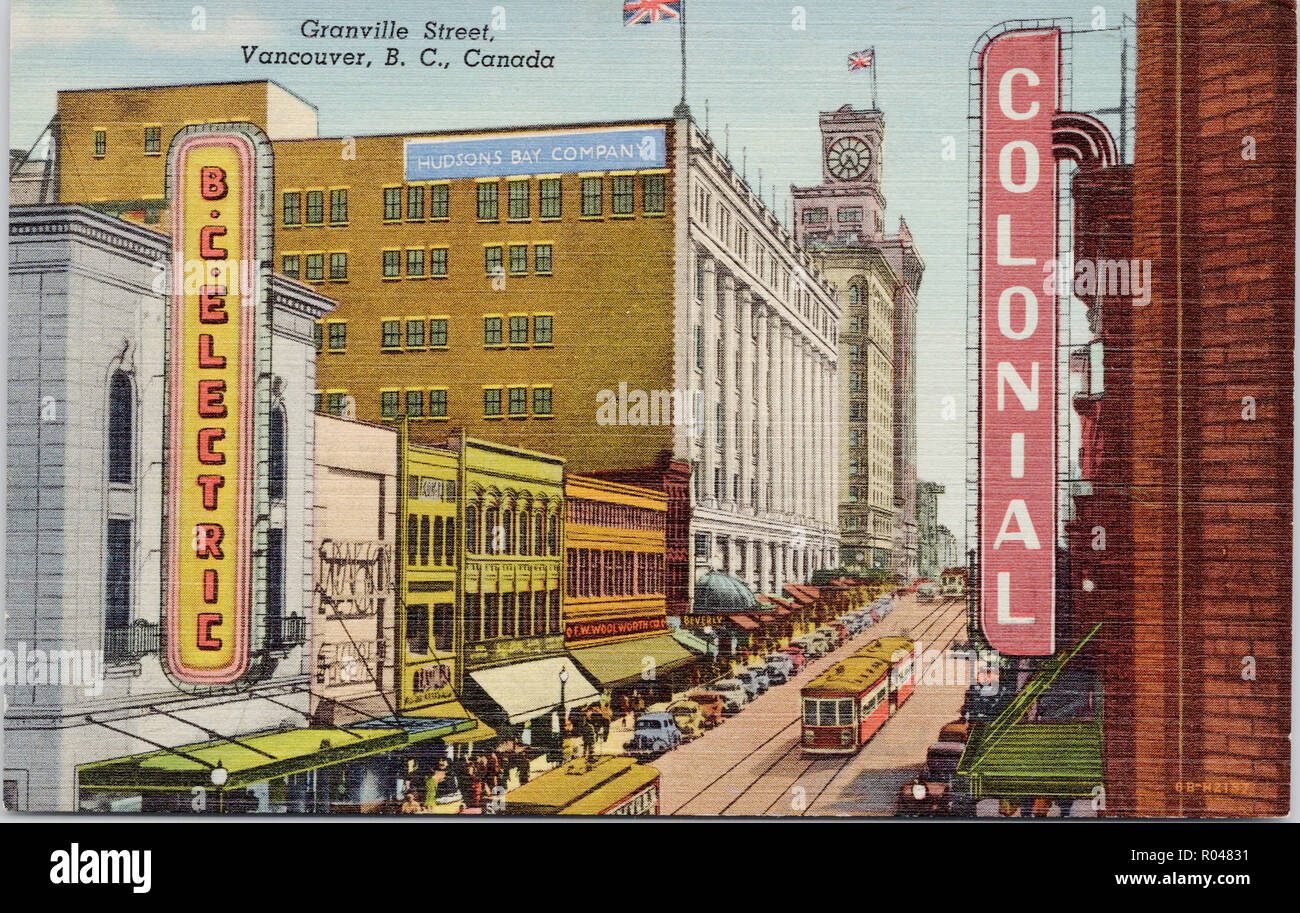 Granville Street, Vancouver, BC Kanada, Postkarte Stockfoto