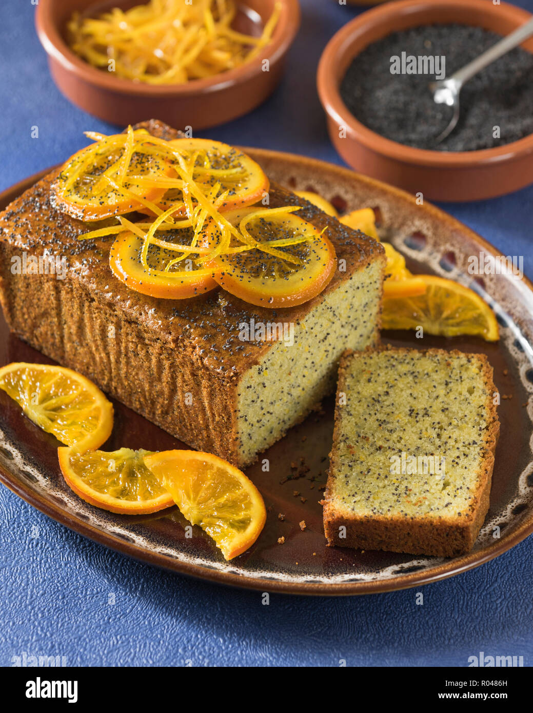 Orange und Mohn Kuchen Stockfoto
