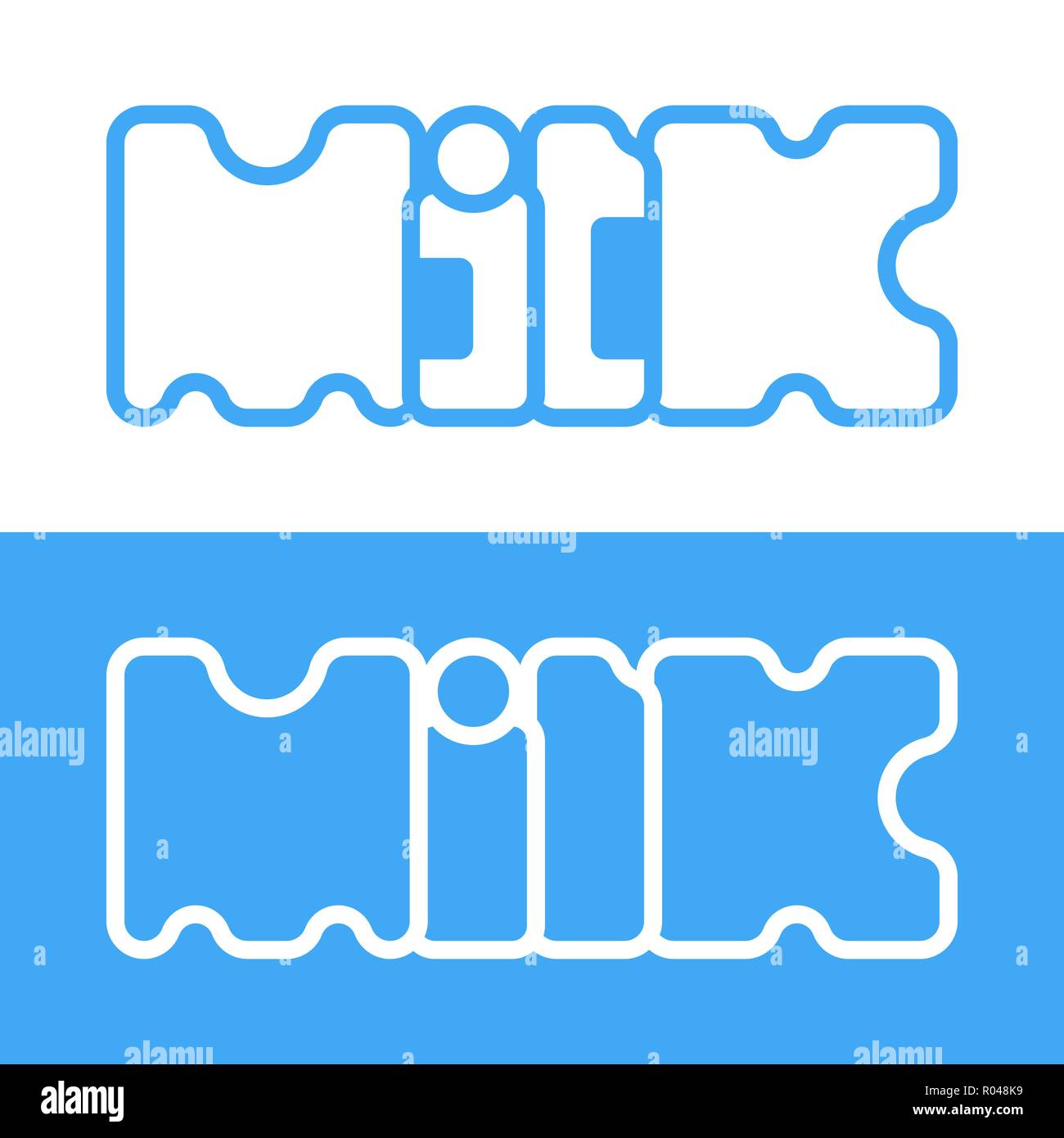 Text Milch auf blauem und weißem Hintergrund. Konzeptionelle Produkt Logo. Einfache flache Vektor-illustration, eps 10. Stock Vektor