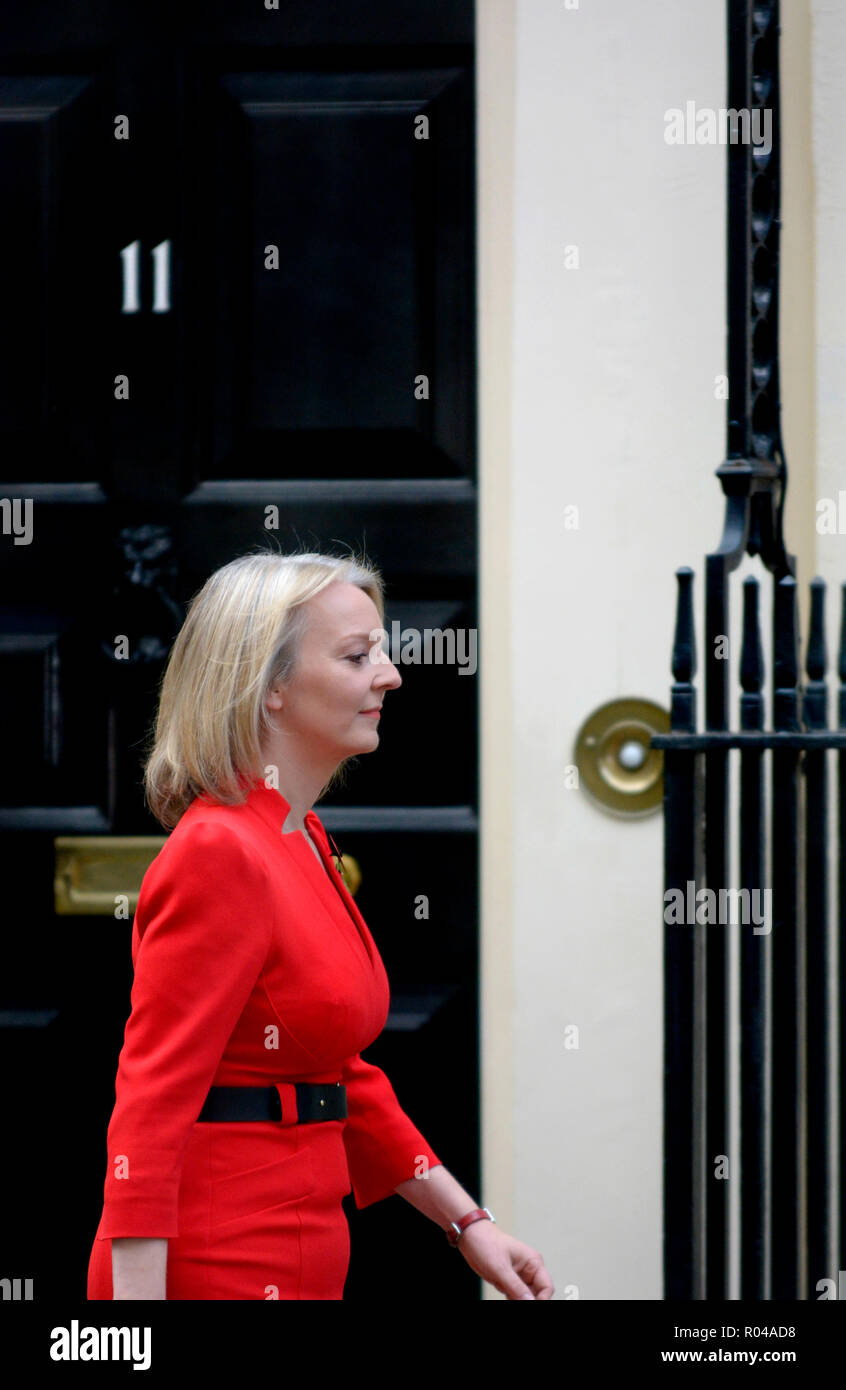 Liz Truss MP, Chief Secretary, Schatzamt, 11 Downing Street, bevor das Budget, 29. Oktober 2018 Stockfoto