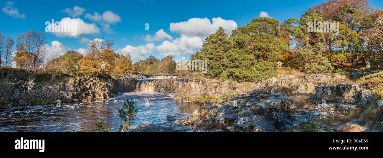 North Pennines AONB Landschaft, Panoramablick auf Low Force Wasserfall, Teesdale mit Herbstfarben und Sonnenschein Stockfoto