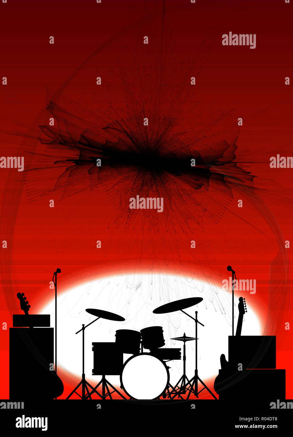 Silhouette einer Rock Bands Equipment auf der Bühne als Poster Hintergrund Stockfoto