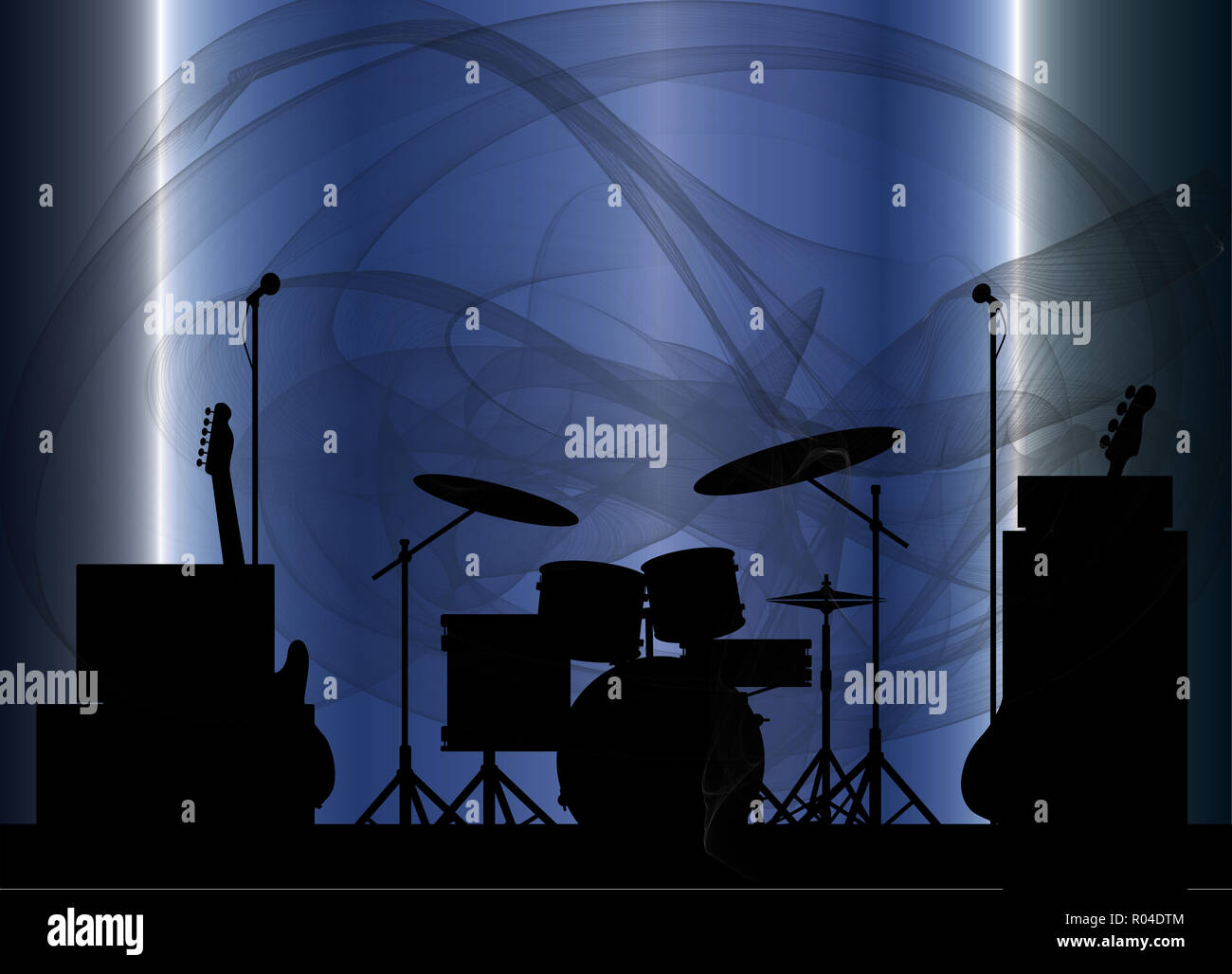 Silhouette einer Rock Bands Equipment auf der Bühne als Hintergrund Stockfoto