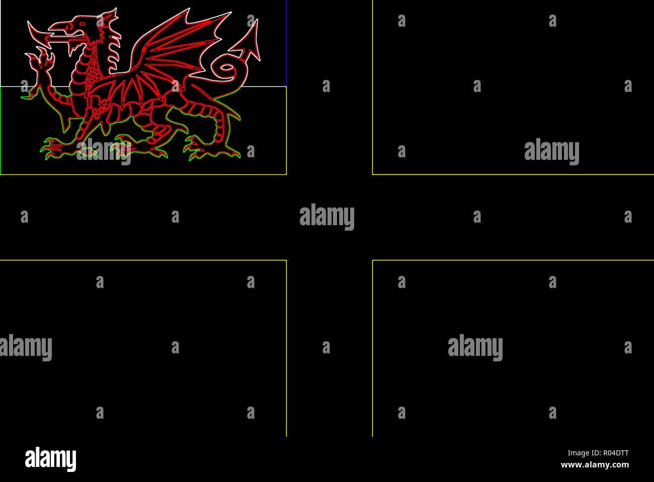 Die Flagge von Saint David, ein schwarzer und Neon Hintergrund mit einem gelben Kreuz mit dem Welsh dragon Inset. Stockfoto