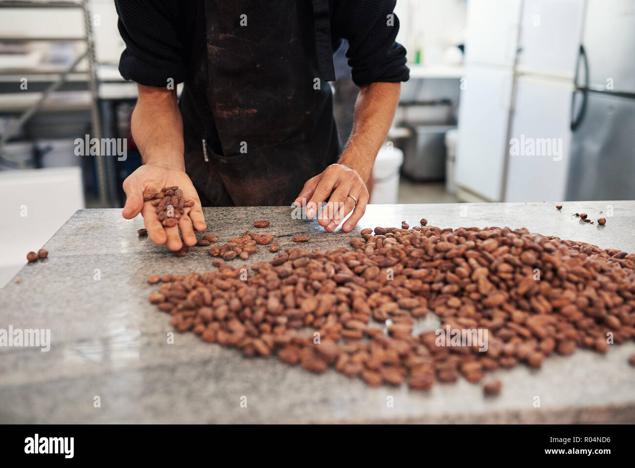 Arbeitnehmer Sortierung Kakaobohnen in einem Handwerklichen Chocolate Factory Stockfoto