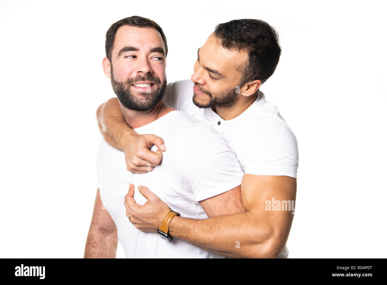 Junge Homosexuelle Homosexuelles Paar lieben einander auf einem weißen Hintergrund. Stockfoto