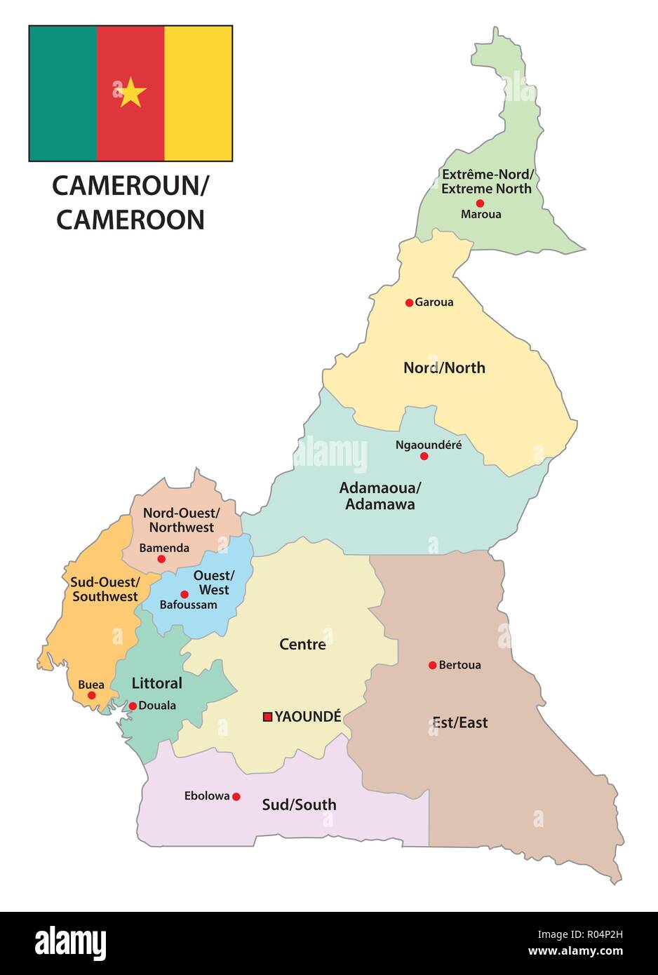 Republik Kamerun administrative und politische Karte mit Fahne. Stock Vektor