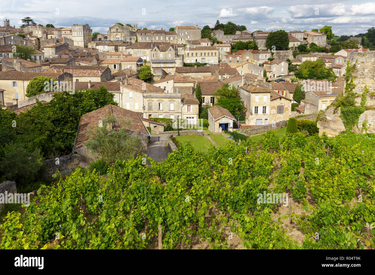 Weinberg und Dorf in Frankreich an der berühmten Saint Emilion Altstadt, die zum UNESCO-Weltkulturerbe zählt. Stockfoto