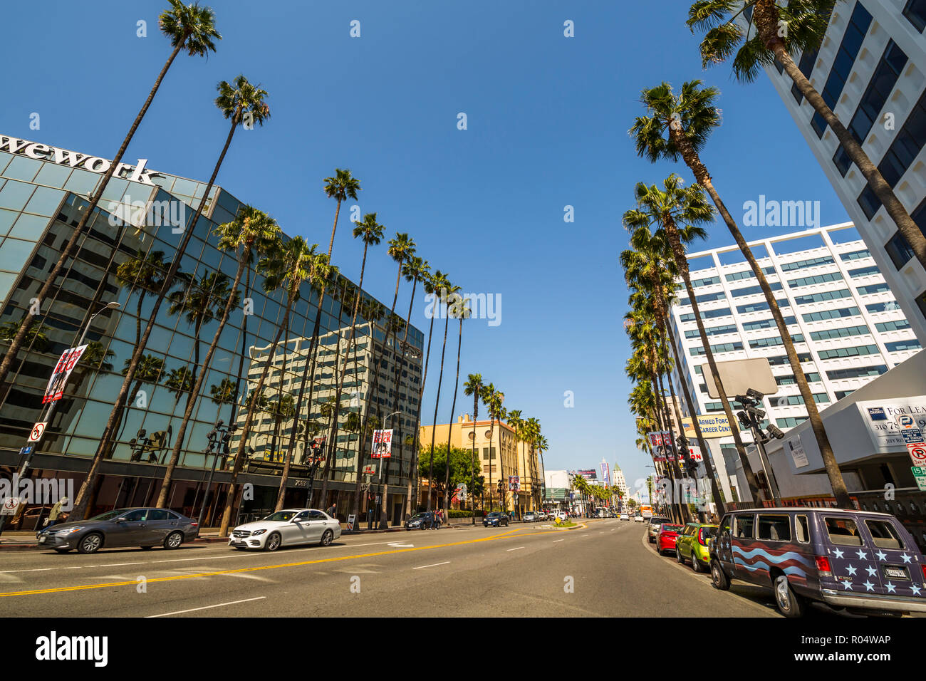 Palmen und zeitgenössische Architektur auf dem Hollywood Boulevard, Los Angeles, Kalifornien, Vereinigte Staaten von Amerika, Nordamerika Stockfoto