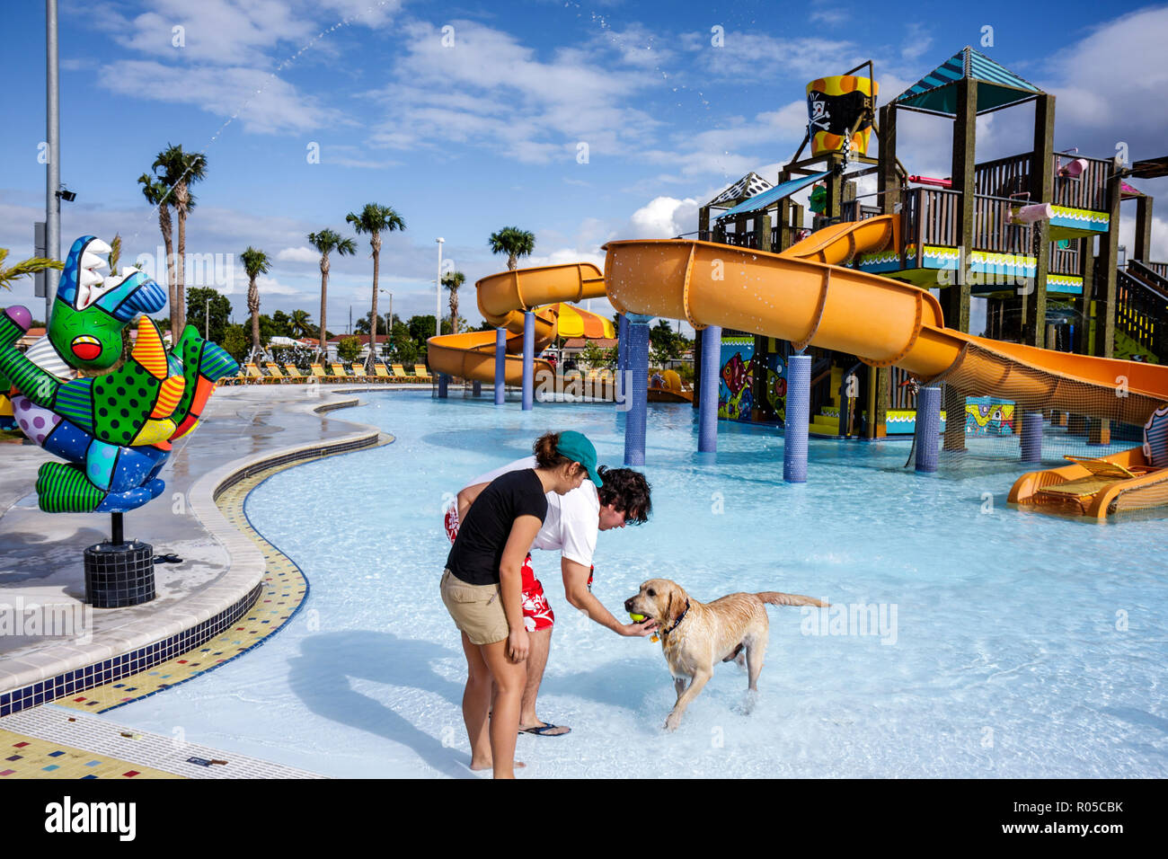 Miami Florida, Grapeland Water Park, Dog A Pool Ooza, Black Beard's Beach, Künstler, Romero Britto, Skulptur, Wasserrutsche, Wasserspielplatz, hispanische Männer mal Stockfoto