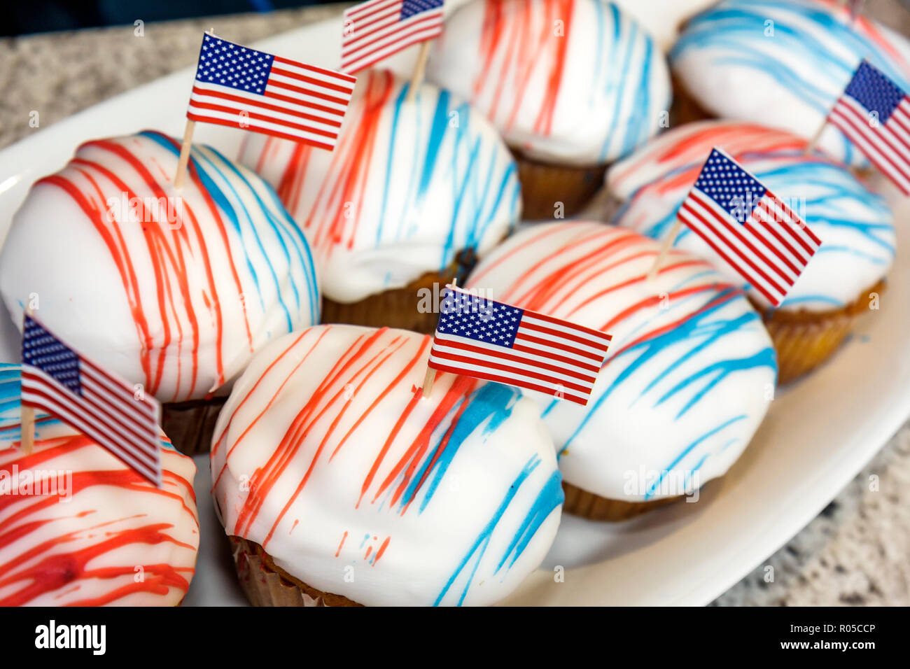 Miami Florida, Adrienne Arsht Center, 2009 Präsidenteneinweihung Simulcast, Barack Obama, Cupcakes, rot, weiß, blau, Patriotismus mit amerikanischer Papierflagge, desse Stockfoto