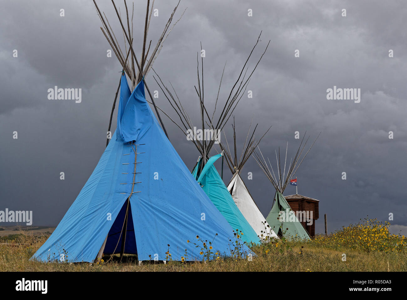 LITTLE BIG HORN, Montana, 20. September 2018: Indische Zelte auf dem Trading Post von Little Bighorn Battlefield. Stockfoto