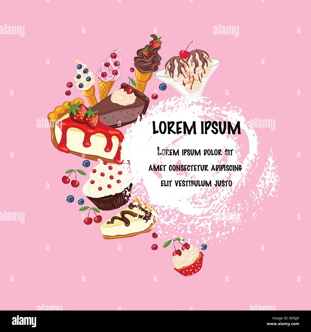 Cartoon Stil Vektor süße Desserts Design mit Strawberry cheesecake auf rosa Hintergrund, Platz für Text Stock Vektor