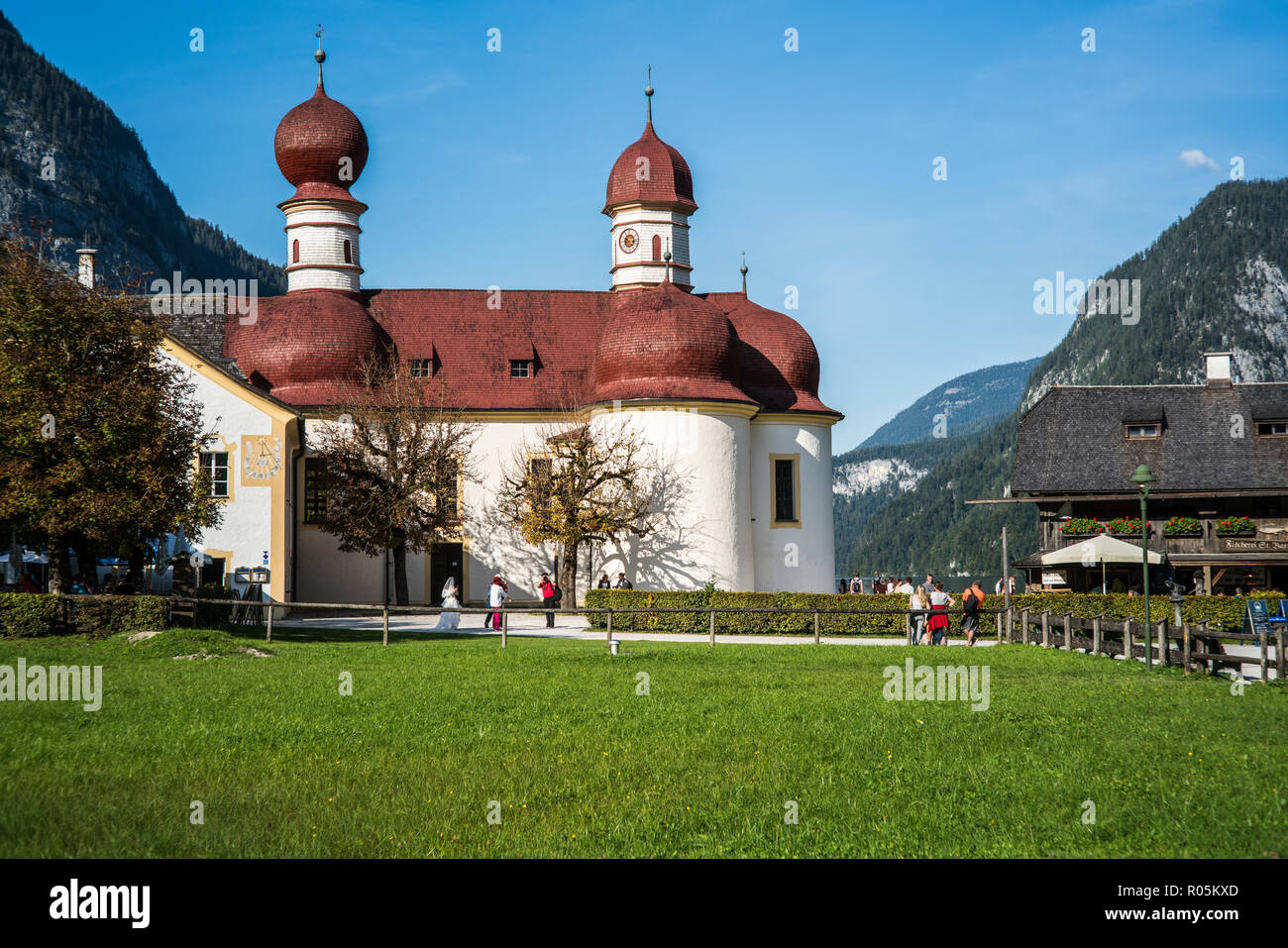 Kirche St. Bartholomä, Nationalpark Berchtesgaden, Deutschland, Europa. Stockfoto