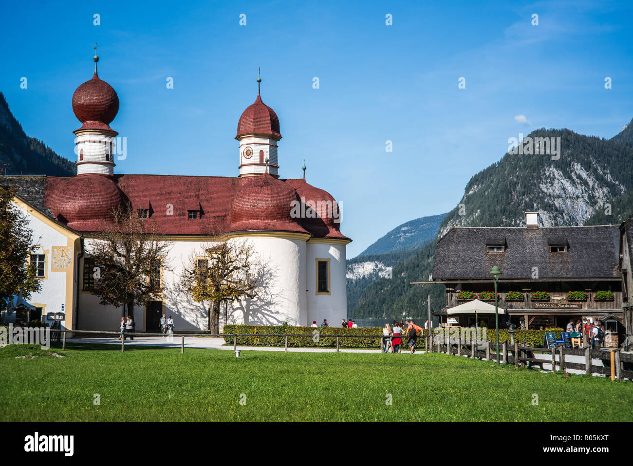 Kirche St. Bartholomä, Nationalpark Berchtesgaden, Deutschland, Europa. Stockfoto