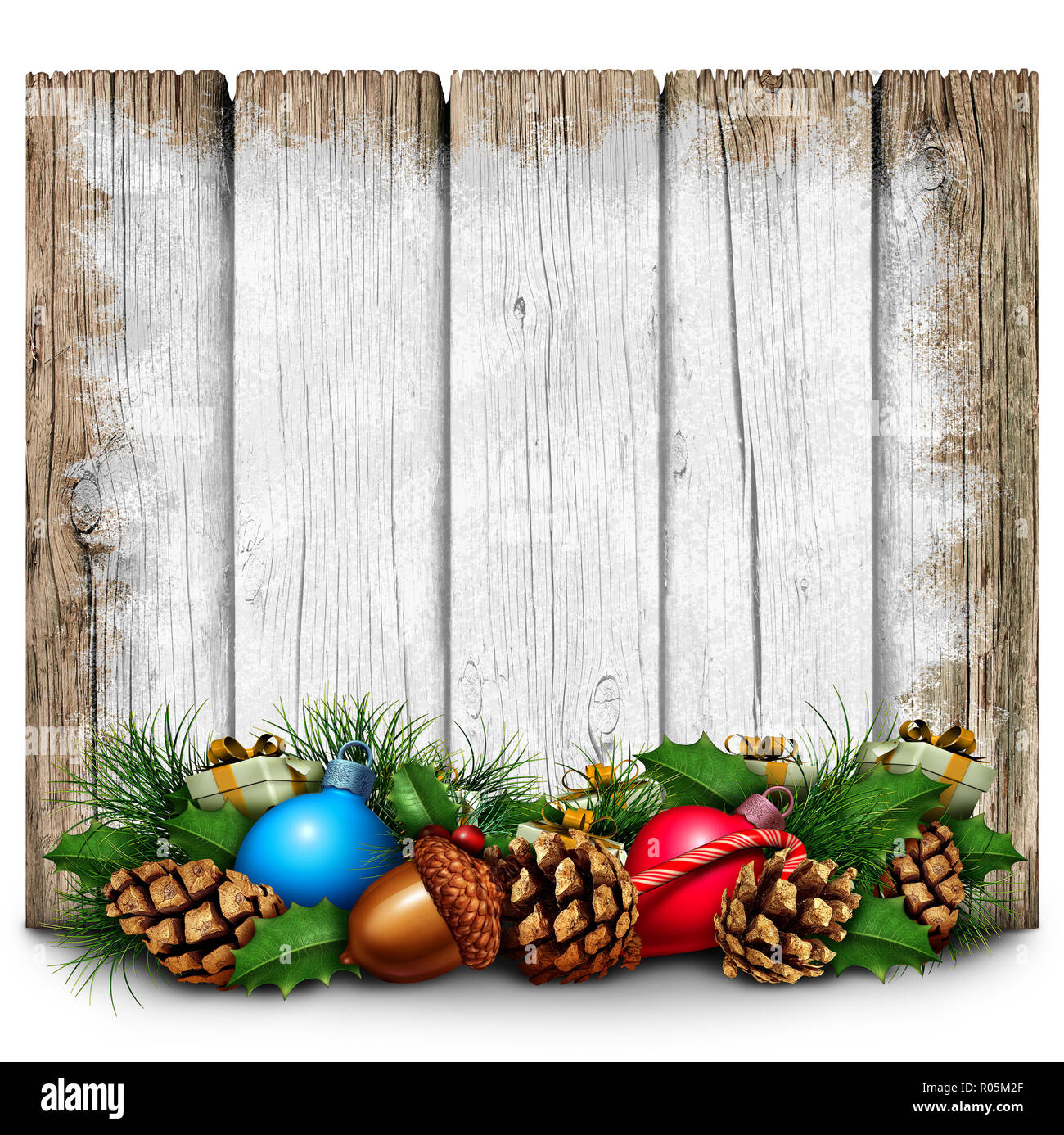 Weihnachtsfeiertag rustikalen Zeichen als eine leere Holz- Plakette mit Winter saisonale ornamentalen Verzierungen mit 3D-Illustration Elemente gemalt. Stockfoto
