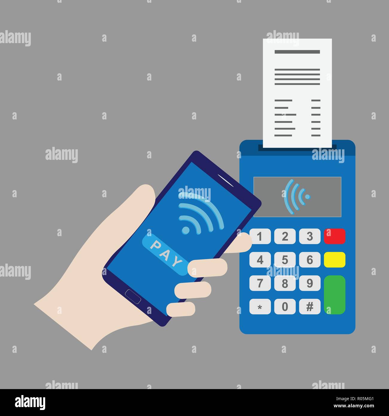 Pos-Terminal mit Erhalt und samrtphone, Zahlung mit Smartphone Konzept Stock Vektor