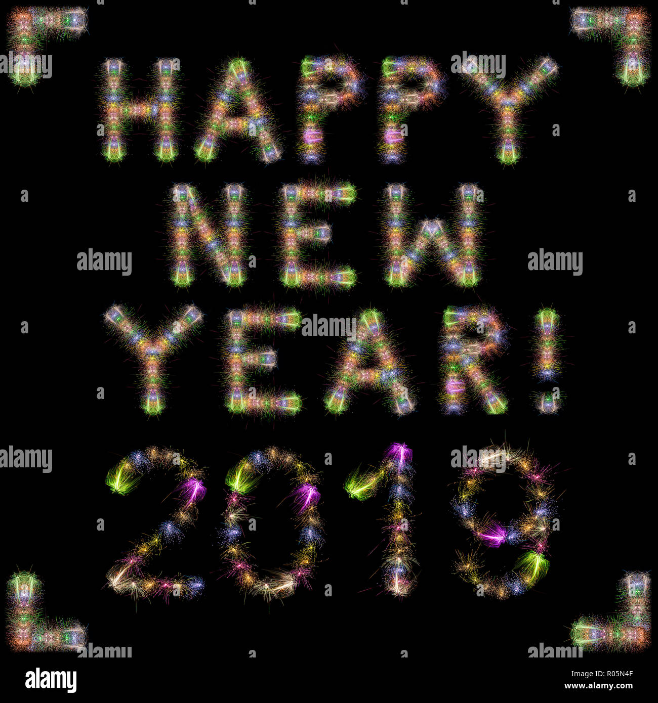Frohes Neues Jahr 2019 mit bunten glitzernden Feuerwerk über dem schwarzen Himmel/Hintergrund Stockfoto