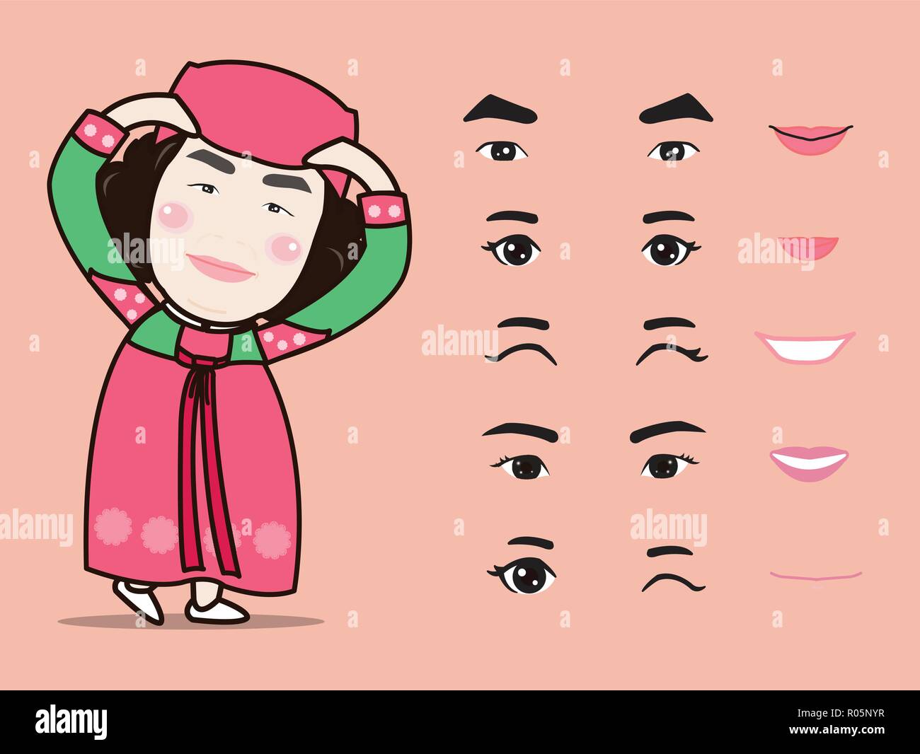 Cartoon cute traditionelles koreanisches Mädchen Charakter pack Gesichts Emotionen Design Elemente isoliert Vector Illustration Stock Vektor