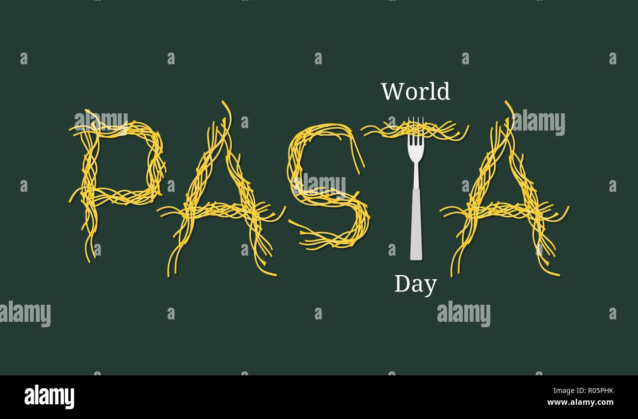 Welt Tag Pasta. Name der Veranstaltung. Pasta - Pasta und Gabel Stock Vektor