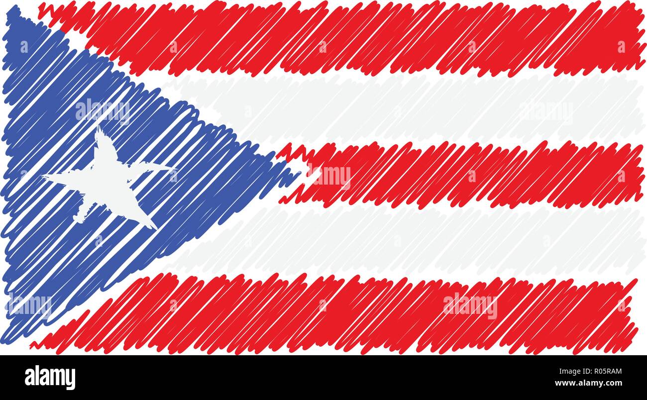 Hand gezeichnet Nationalflagge von Puerto Rico isoliert auf einem weißen Hintergrund. Vektor Skizze Stil Abbildung. Stock Vektor