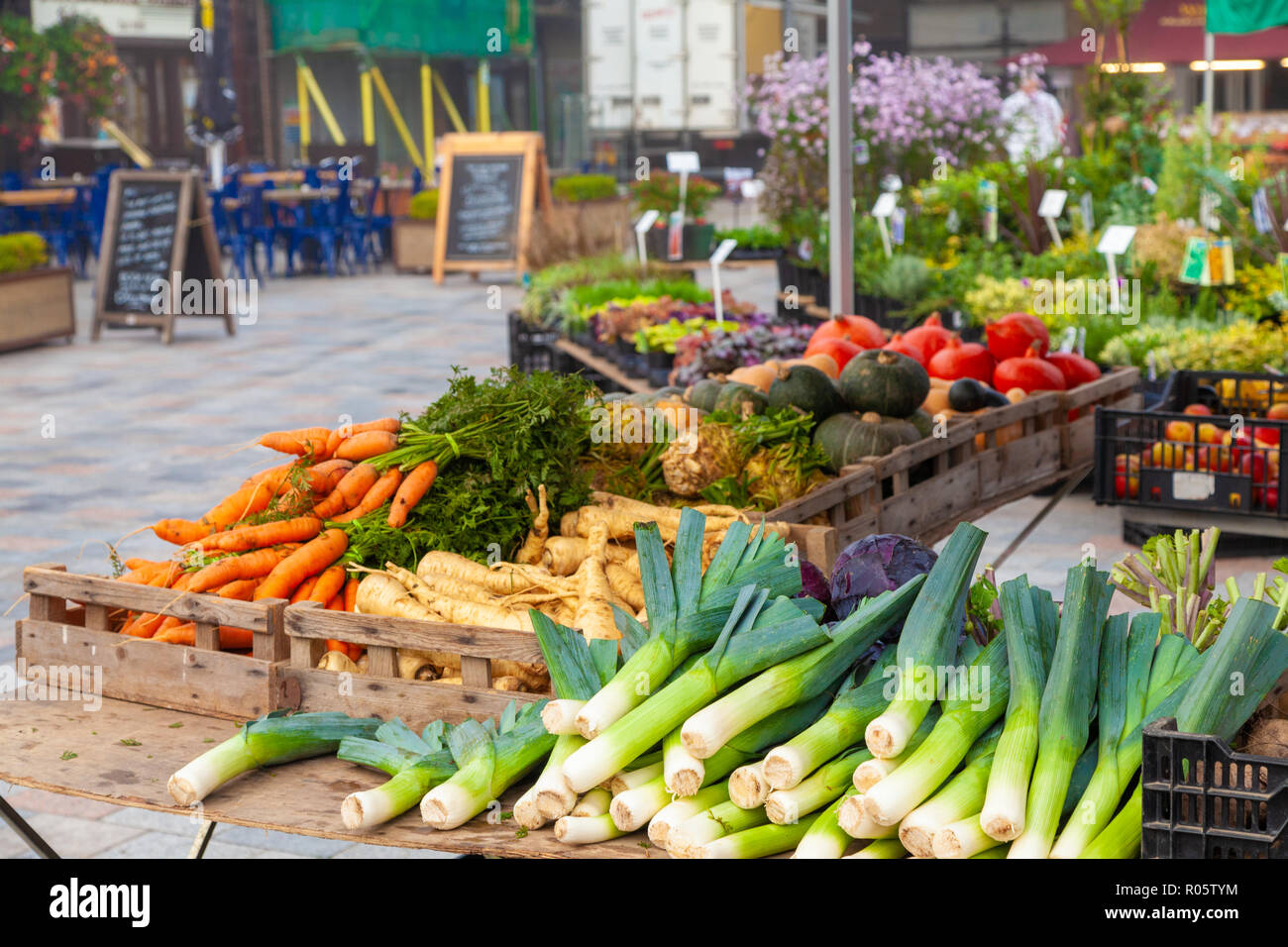 Ein Gemüse Markt auf Salisbury Wiltshire England abgewürgt. Stockfoto