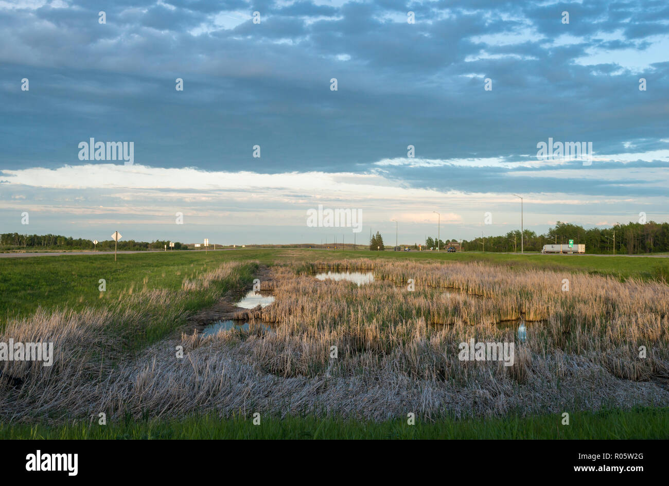 Sommer Himmel und Landschaft Manitoba, Kanada von der Trans-Canada Highway bei Sonnenuntergang gesehen. Stockfoto