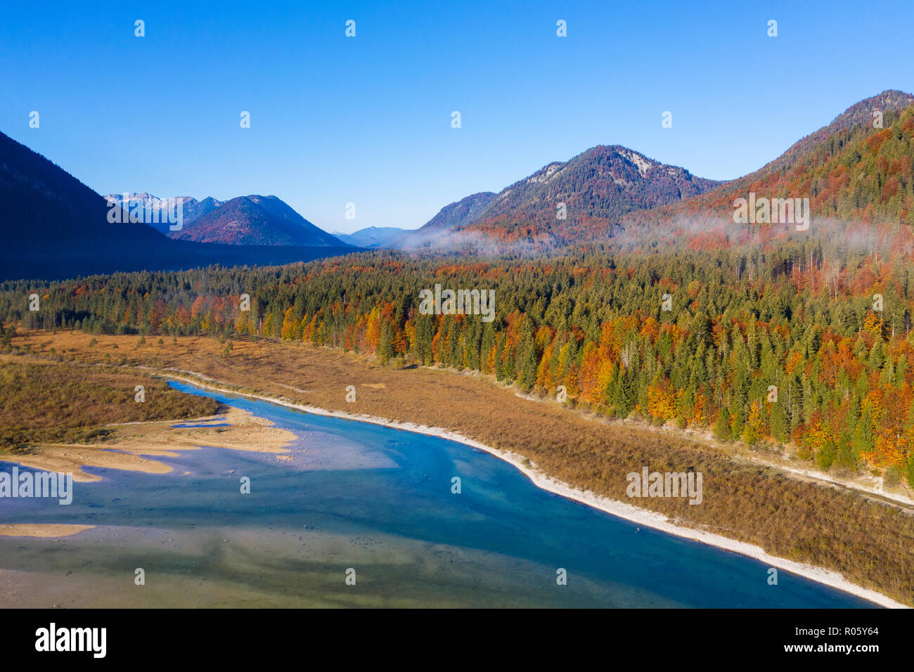 Isar, an der Zufluss in die sylvenstein See, Sylvenstein Stausee, drone Bild, Lenggries, Isarwinkel, Oberbayern, Bayern Stockfoto