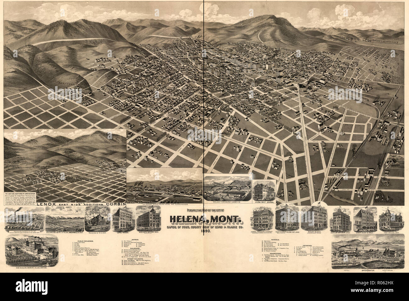 Perspektive Karte der Stadt Helena, Montana, der Hauptstadt des Staates, Sitz der County Lewis and Clarke County, ca. 1890 Stockfoto