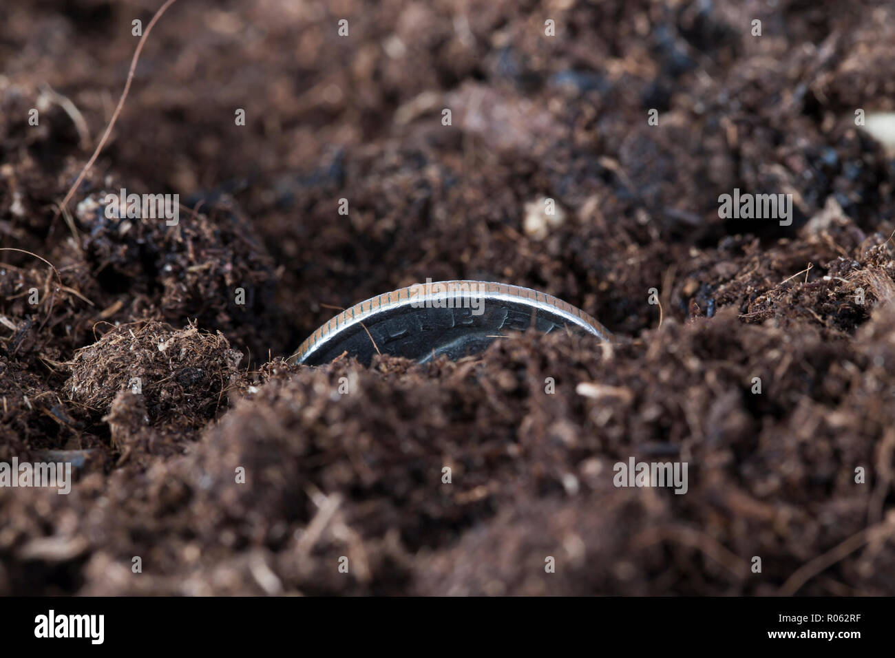 Amerikanischen Münze, tief in der Erde verborgen, nur einen Teil des Geldes gesehen werden kann Stockfoto