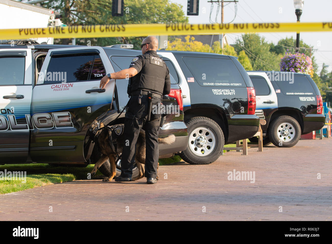 Beaverton ODER/USA, 7. August 2018: K9 der Polizei in einem Park geparkt. Stockfoto