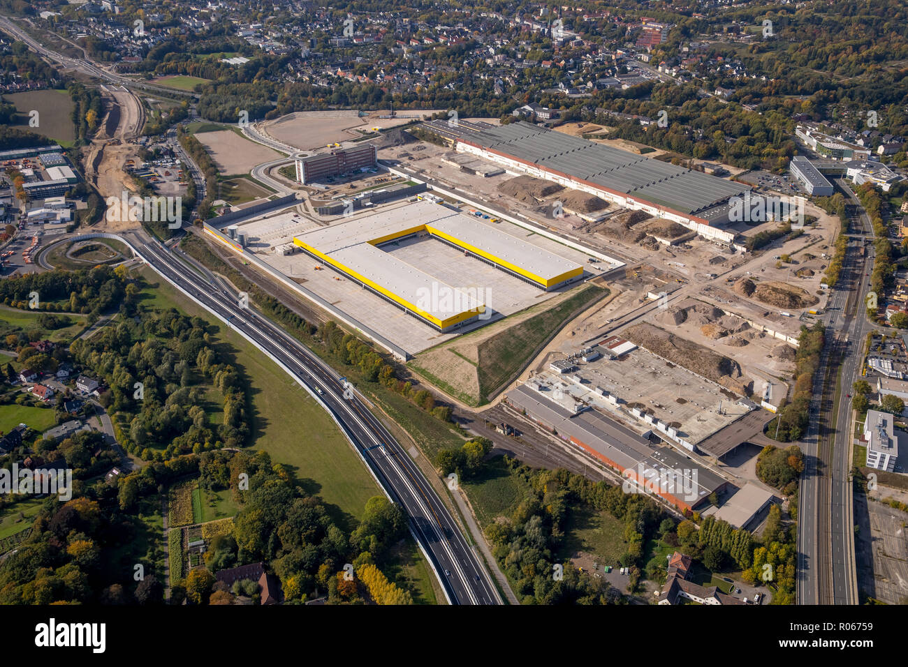 Luftbild, Autobahn A 448 für den Anschluss von kommerziellen Raum MARK 51° 7 zum Nordhausen-Ring, ehemaliger OPEL-Werk 1, Steinacker, Bochum, Ruhrgeb Stockfoto