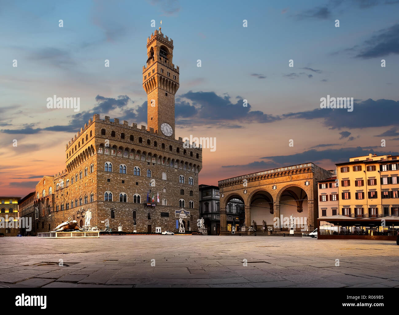 Platz der Signoria in Florenz bei Sonnenaufgang, Italien Stockfoto