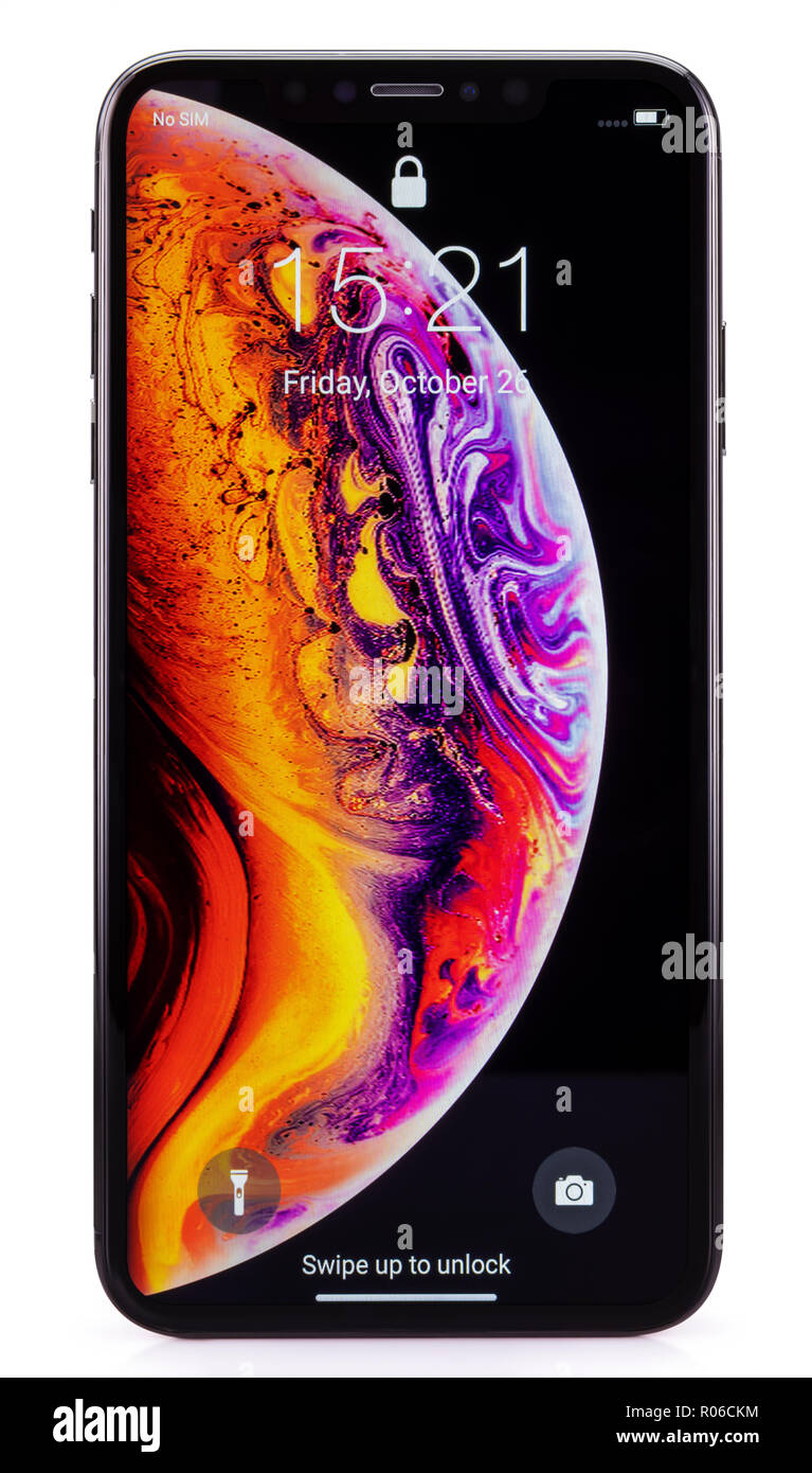 Galati, Rumänien - Oktober 26, 2018: Apple starten das neue Smartphone iPhone und iPhone XS XS Max. iPhone Xs Max auf weißem Hintergrund. Stockfoto