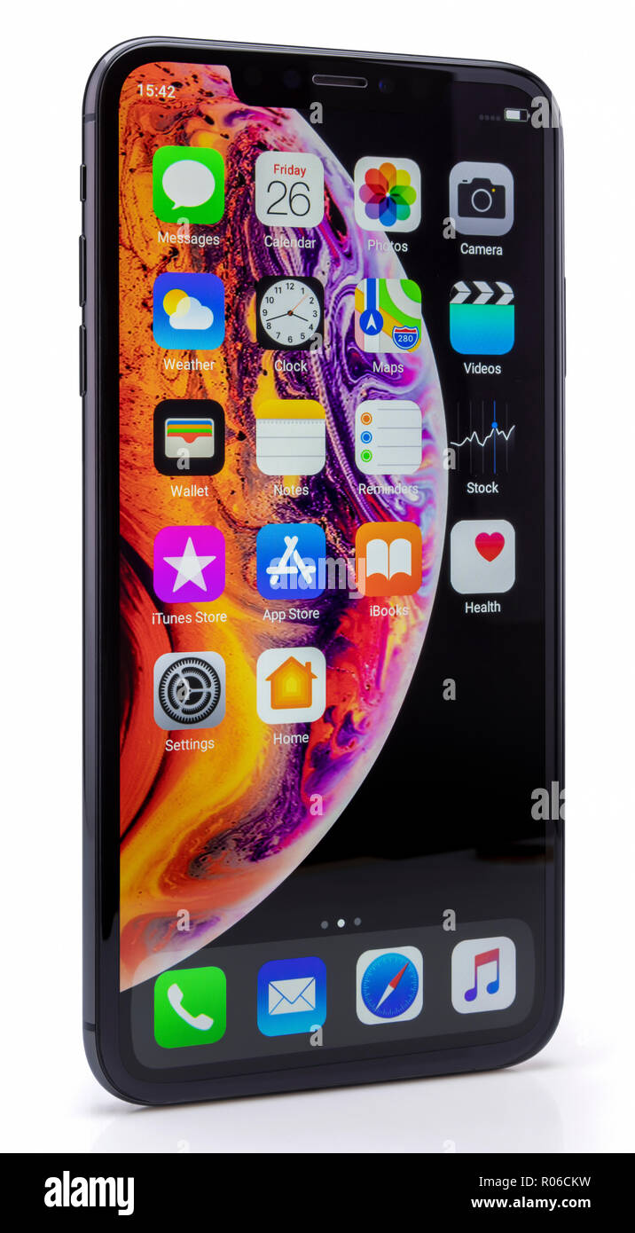 Galati, Rumänien - Oktober 26, 2018: Apple starten das neue Smartphone iPhone und iPhone XS XS Max. iPhone Xs Max auf weißem Hintergrund. Stockfoto
