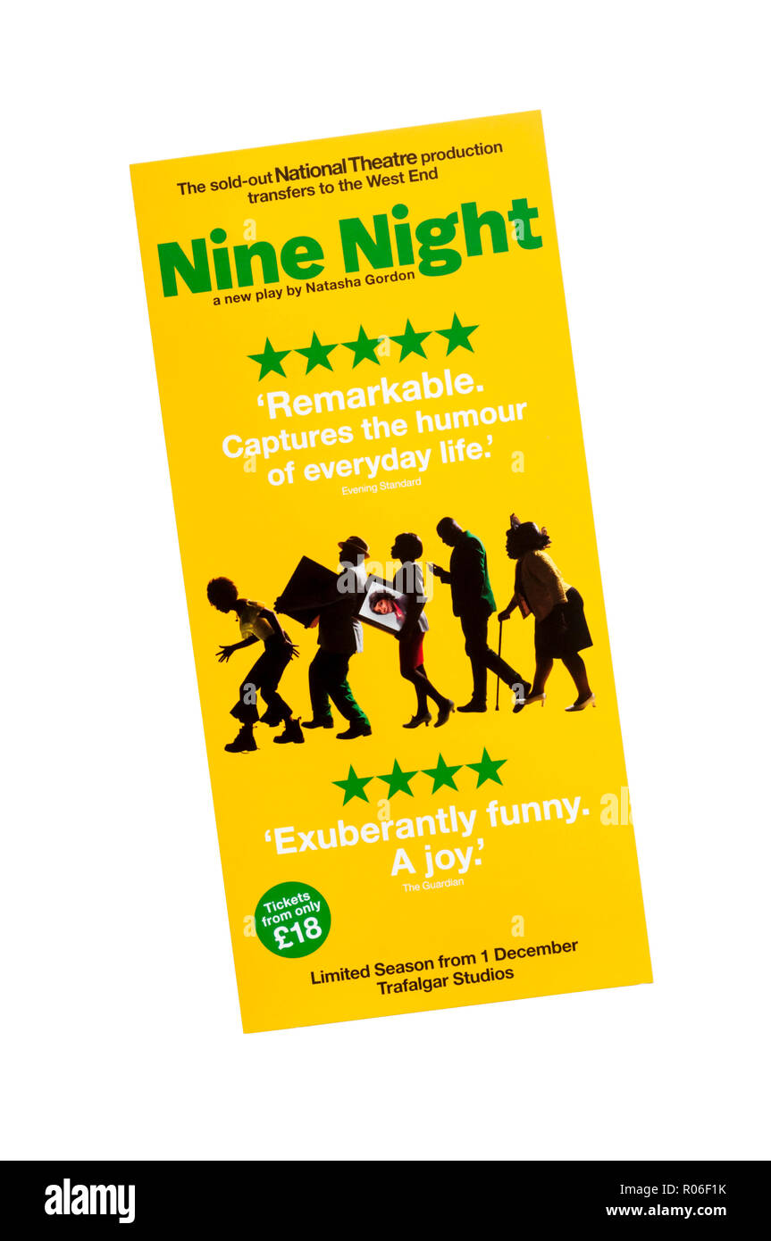Werbe-flyer für die West End Übertragung der nationalen Theater 2018 Produktion von neun Nacht von Natasha Gordon, zum Trafalgar Studios. Stockfoto