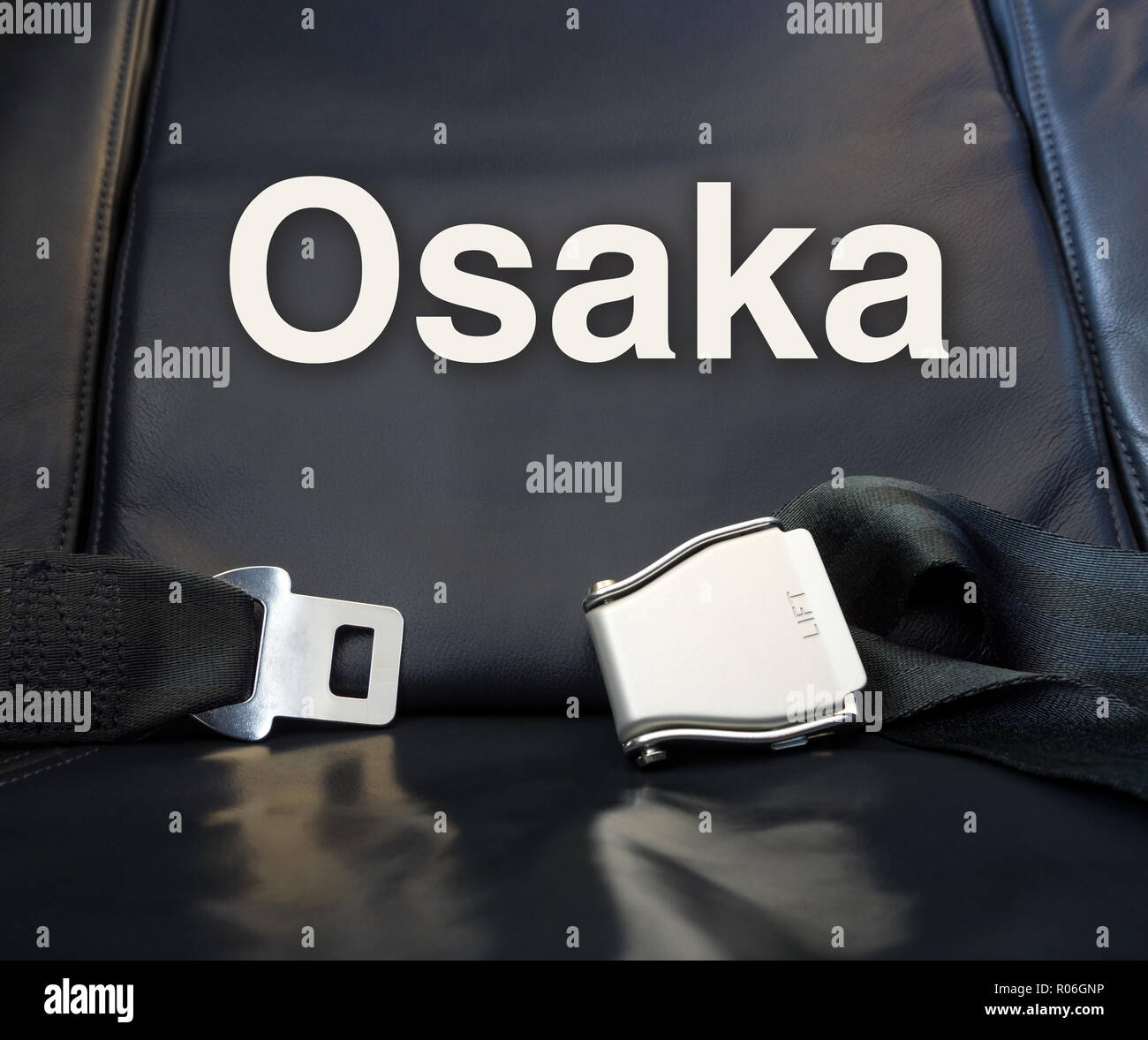 Nach Osaka Willkommen! Lassen Sie uns die Reise beginnen! Flugzeug komfortablen Ledersitz Erwartung für den Fluggast fliegen, Reisen, Reise, Tour, Reise, Reise. Stockfoto